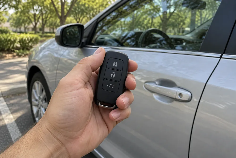 An everyday hand holding a vehicle key fob beside a parked car