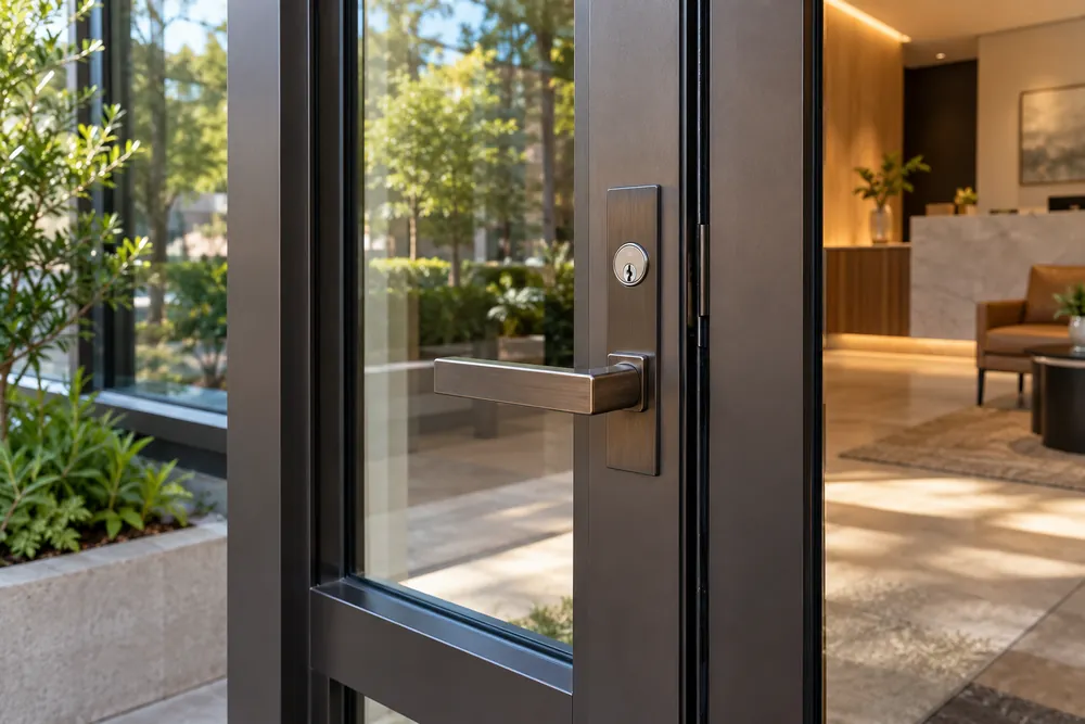 Commercial door lock and lever mounted in an aluminum-framed glass entrance
