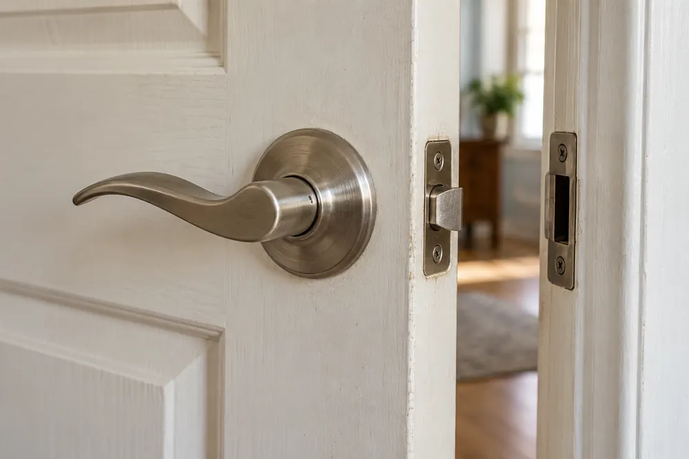 Close view of an installed door lever, latch edge and surrounding door frame