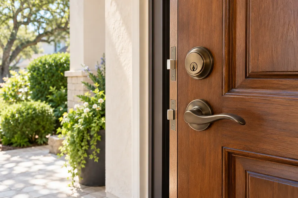 Bronze deadbolt and lever mounted on an upright wooden front door